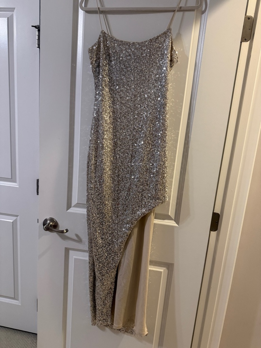 Silver Sequin Asymmetrical Slip Dress